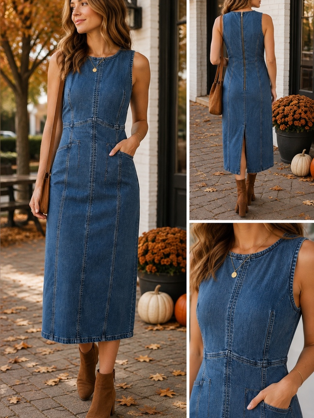 LOFT Denim Midi Dress Size 6 Stretch Column Sleeveless Back Zip Pockets